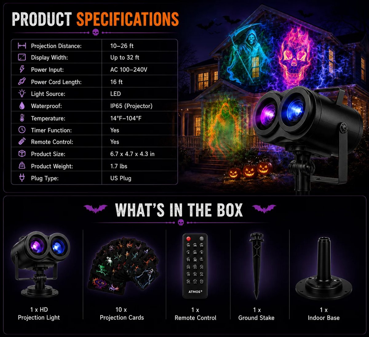 The Haunted Yard Projector — 32ft Display, 10 Spooky Patterns